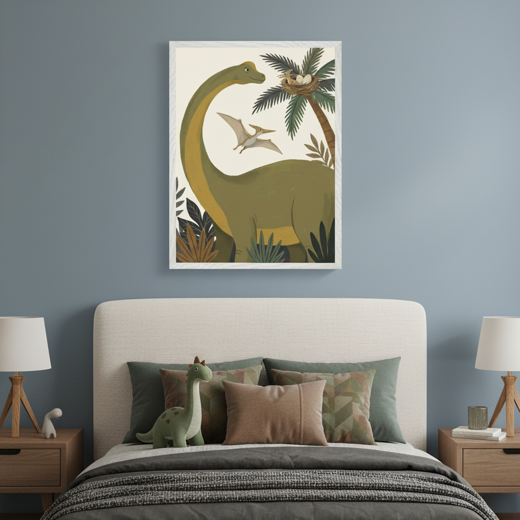 Kid's bedroom with a bed featuring a cream headboard and two wooden nightstands. A large framed illustration of a green, long-necked dinosaur, two flying pterodactyls, and a palm tree with a nest of eggs hangs centered above the bed.