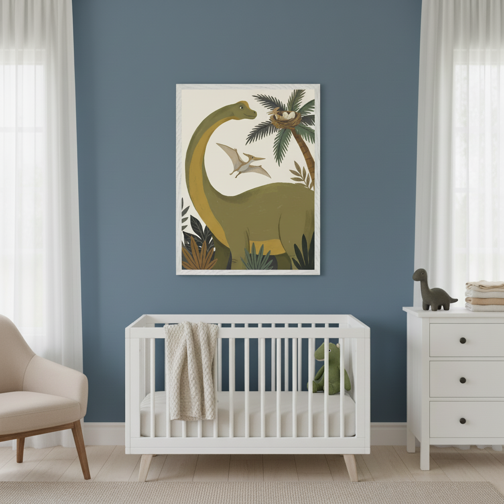 Modern nursery with a white crib, dresser, and beige armchair. A large framed illustration of a green long-necked dinosaur, a pteranodon, a palm tree with eggs, and jungle foliage hangs centered above the crib on a blue wall.