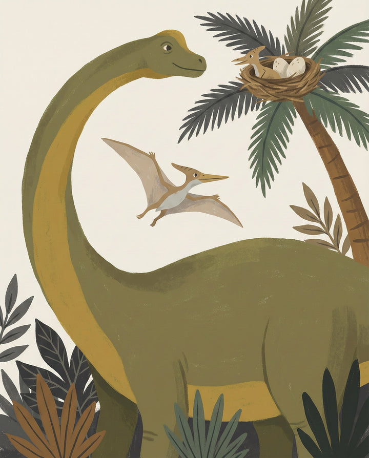 An illustrated green sauropod dinosaur stands beneath a palm tree with a nest containing dinosaur eggs and a baby pterosaur, while another pterosaur flies nearby, creating a gentle prehistoric jungle scene for a family-friendly audience.
