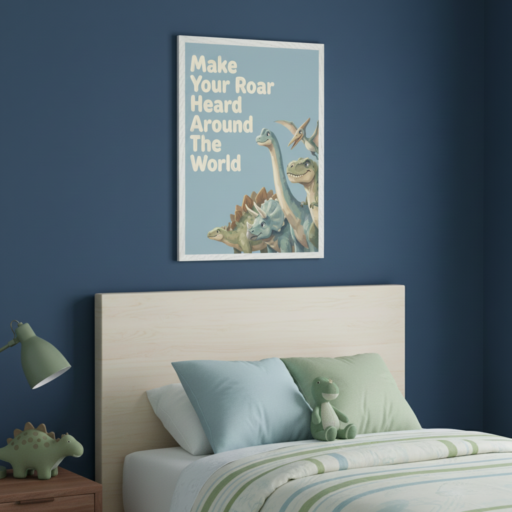 Kid's bedroom with a light wood bed, nightstand, and blue wall. A framed poster hangs above the bed, featuring a quote "Make Your Roar Heard Around The World" and friendly cartoon dinosaurs.