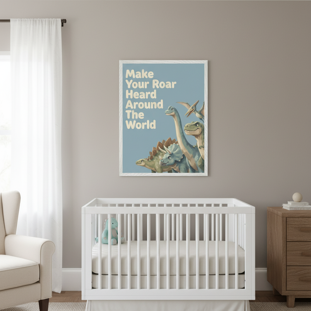 Modern nursery with a white crib, beige armchair, and wooden dresser. Above the crib, a framed print features cartoon dinosaurs and the text "Make Your Roar Heard Around The World" on a light blue background.