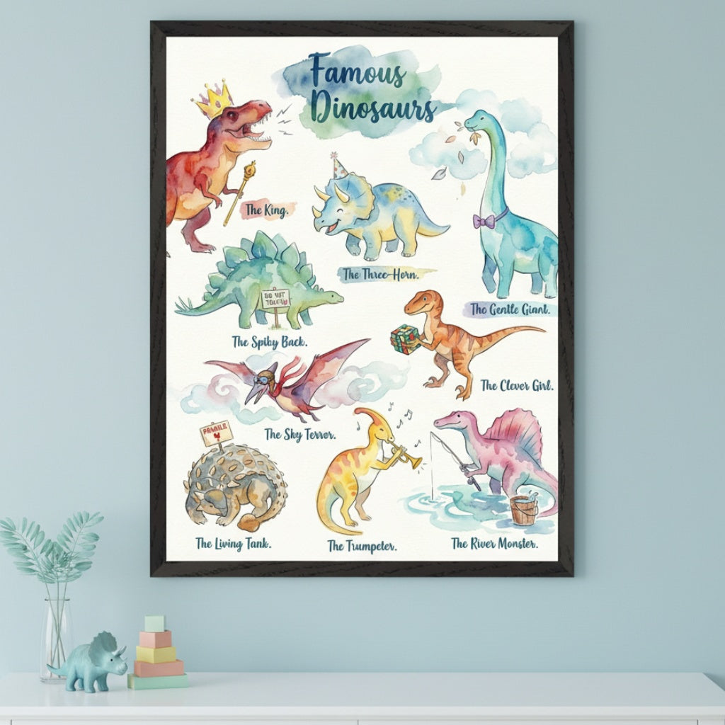 Kid's room with a white dresser against a light blue wall. A large black-framed watercolor print, "Famous Dinosaurs," depicting nine cartoon dinosaurs with humorous labels, hangs above. A vase with greenery, a dinosaur toy, and stacking blocks are on the dresser.
