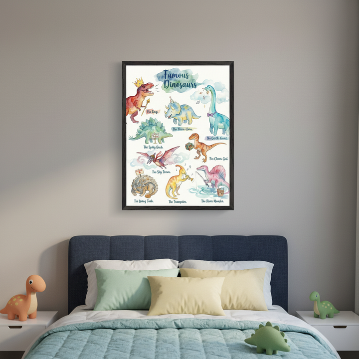 Kid's bedroom with a blue upholstered bed. A framed poster titled "Famous Dinosaurs" featuring watercolor illustrations of cartoon dinosaurs hangs centered above the bed. Orange and green dinosaur toys are on the nightstands and floor.