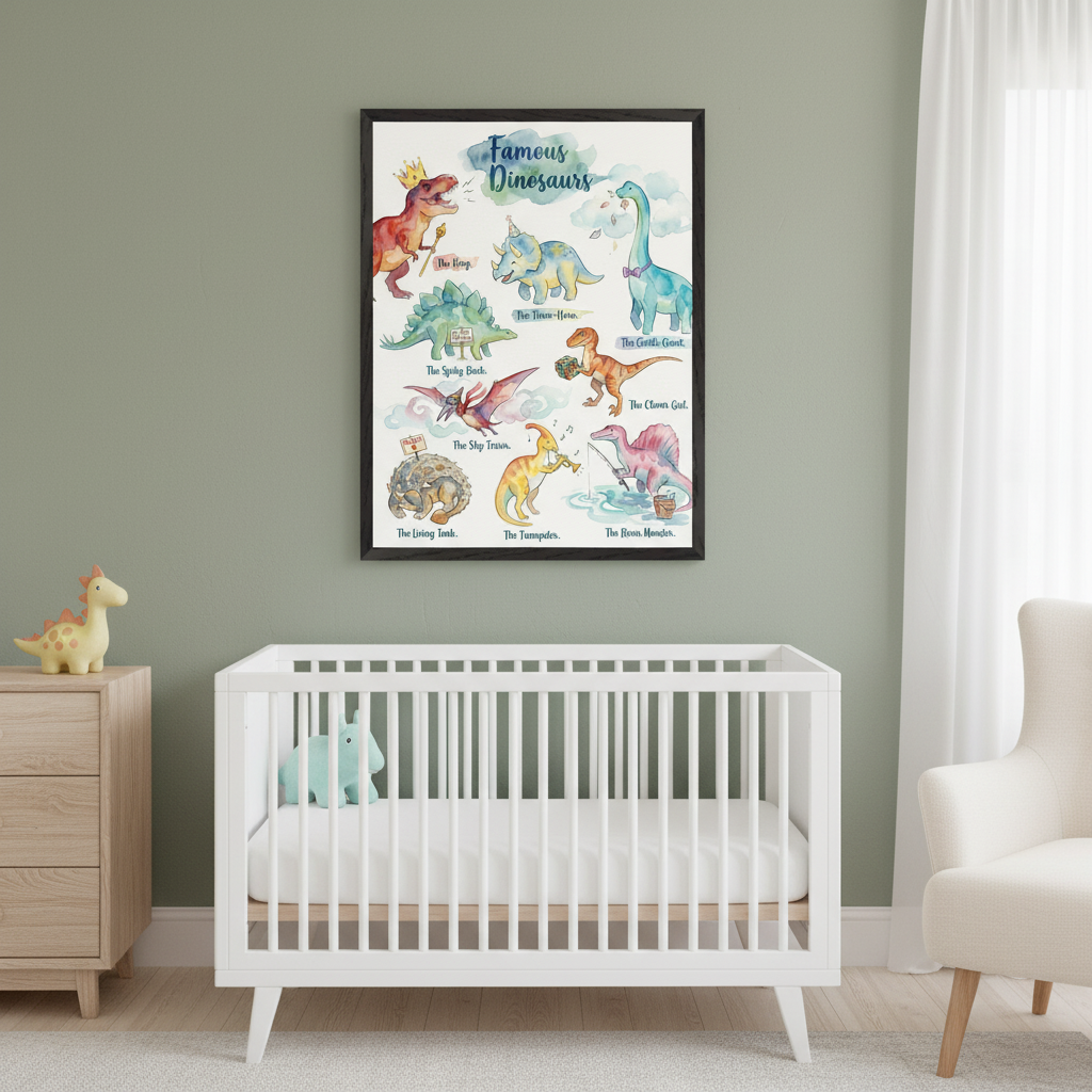 Modern nursery with sage green walls. A large framed poster titled "Famous Dinosaurs," featuring whimsical watercolor dinosaurs, hangs above a white crib. A light wooden dresser with a yellow dinosaur toy and a cream armchair are also visible.