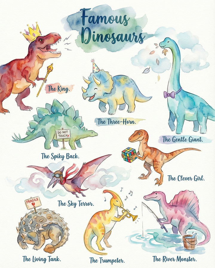 A fun and colorful watercolor depiction of famous dinosaurs with playful names, such as "The King" and "The River Monster," capturing each dinosaur’s quirky personality and traits in a lighthearted way.
