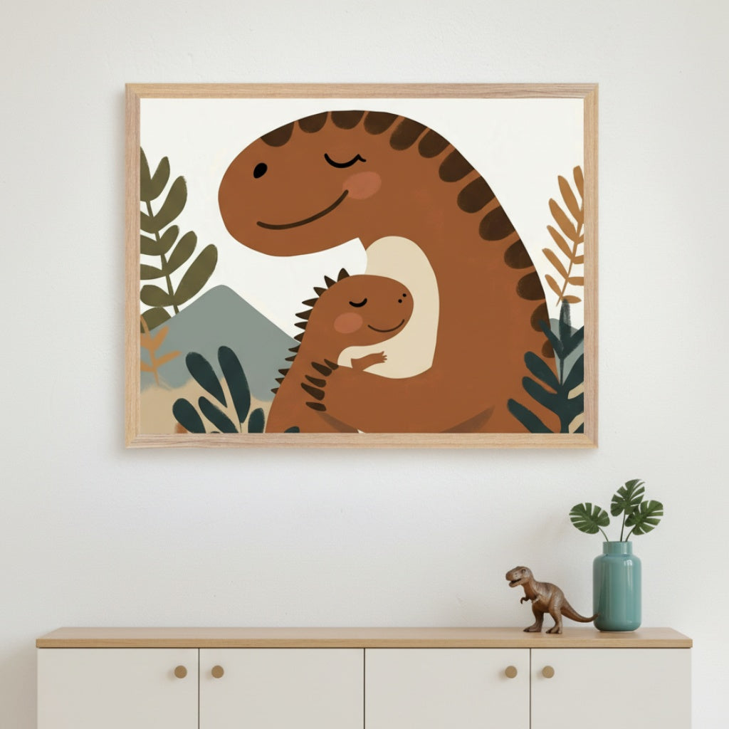 Modern room with a light wood and white cabinet. A framed cartoon print of a brown parent dinosaur hugging a baby dinosaur, surrounded by plants and mountains, hangs above the cabinet. A small dinosaur toy and a teal vase are on the cabinet.