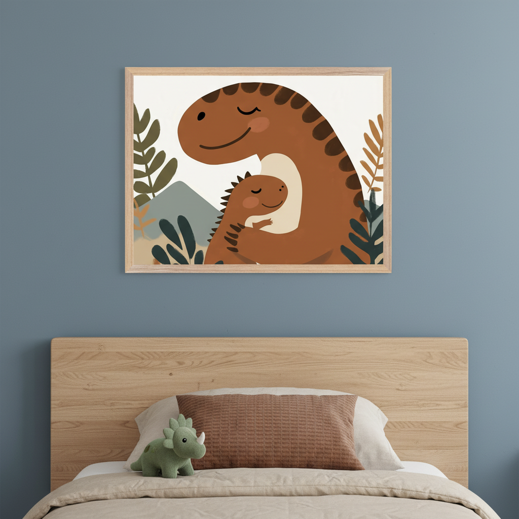 Kid's bedroom with a blue wall and natural wood bed headboard. A framed cartoon illustration of a brown mama dinosaur hugging a baby dinosaur in earthy tones hangs above the bed. Light bedding, a brown pillow, and a green dinosaur toy are on the bed.