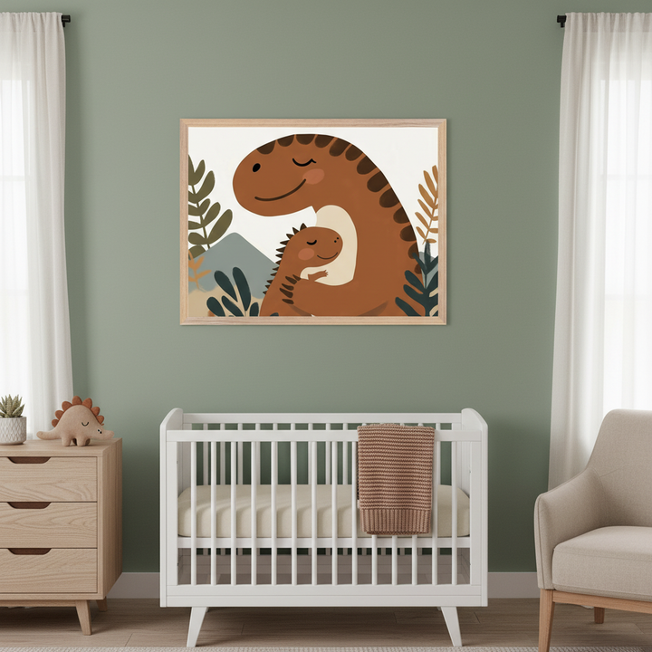 Modern nursery with a white crib and light wood dresser. A large framed illustration of a brown adult dinosaur hugging a baby dinosaur hangs centered above the crib. The artwork features green and brown foliage and mountains in a minimalist style.
