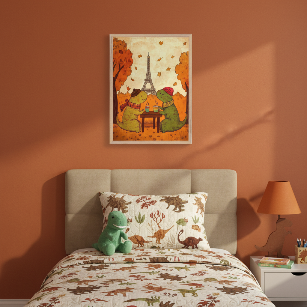 Kid's bedroom with an orange wall. A framed illustration of two cartoon dinosaurs in scarves and hats drinking at a table with the Eiffel Tower and falling autumn leaves hangs above a bed with a beige headboard. A green dinosaur plush sits on the bed, which features dinosaur-patterned bedding. A dinosaur lamp is on the nightstand.