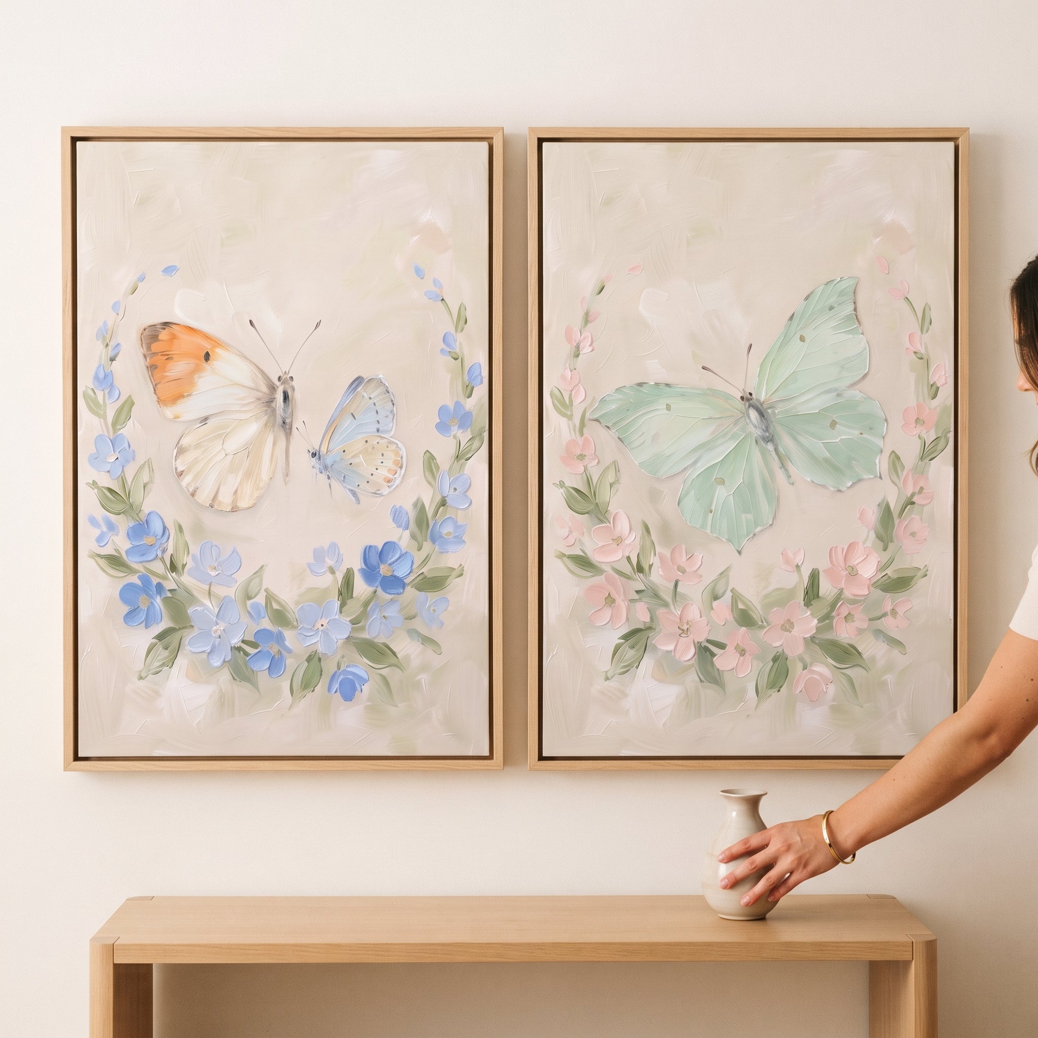 Distressed Neutral Floral Butterfly Print Set of 2 - Pastel Butterfly Wreaths