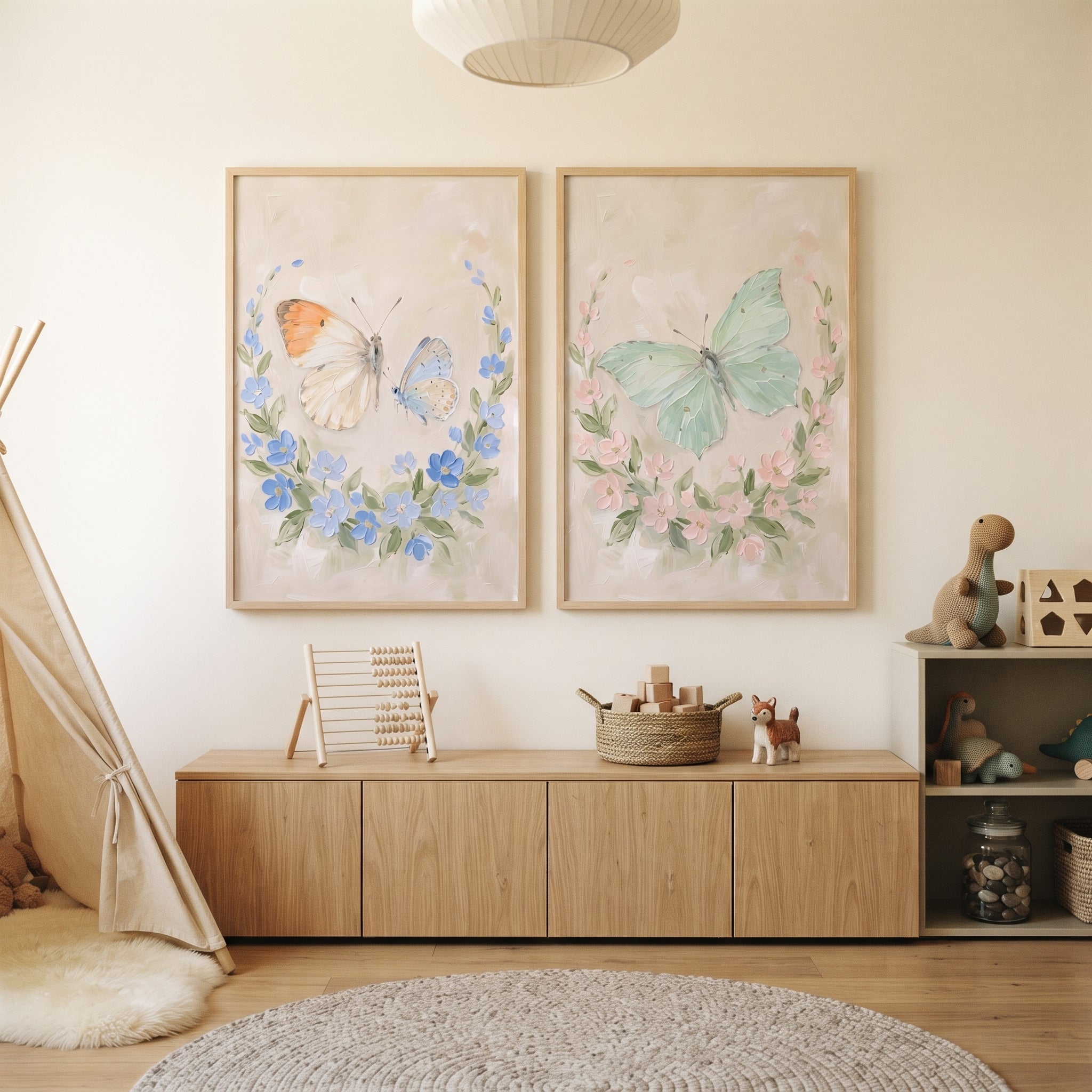 Distressed Neutral Floral Butterfly Print Set of 2 - Pastel Butterfly Wreaths