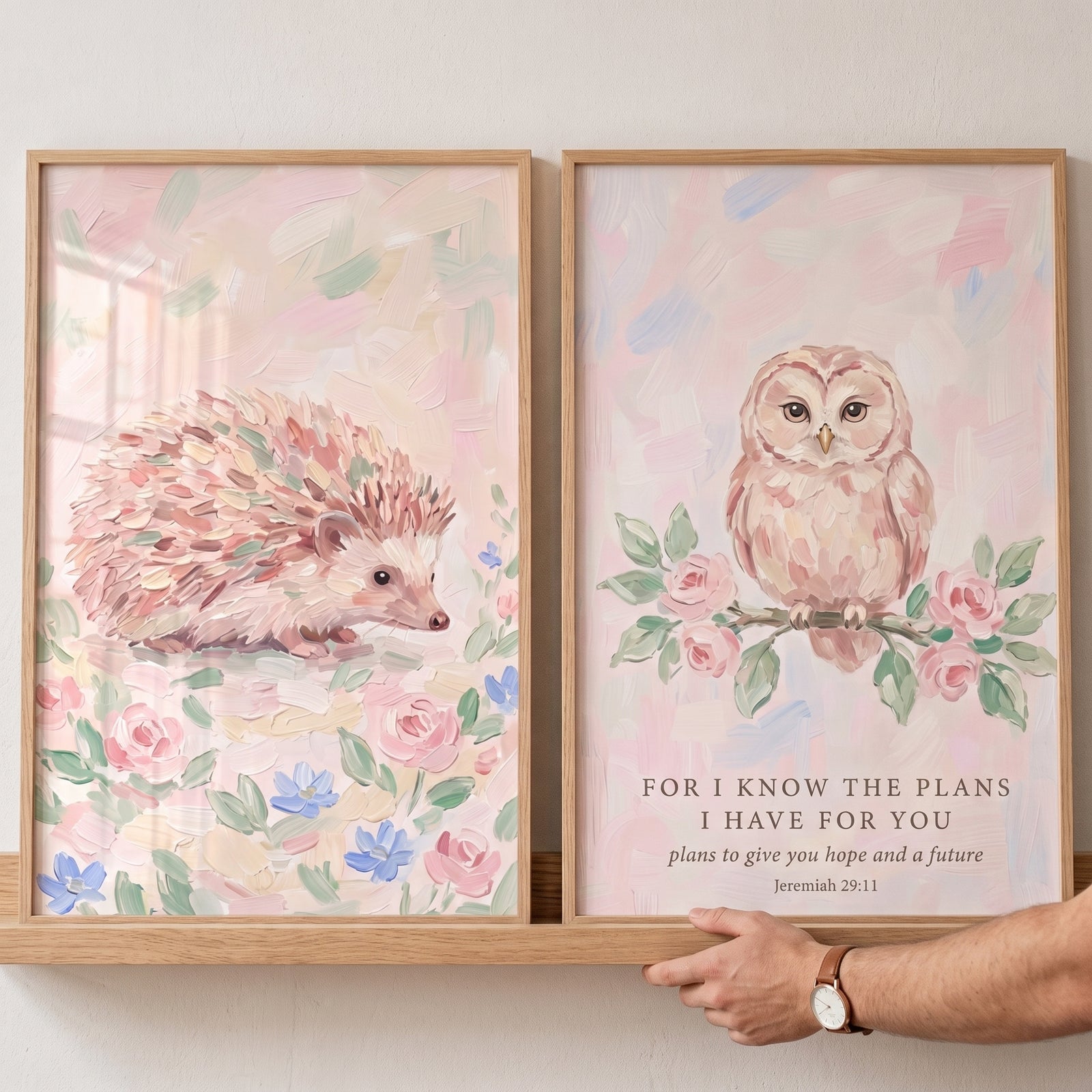 Ditsy floral woodland animals wall art set of 2 with hedgehog and owl illustrations and a bible verse.