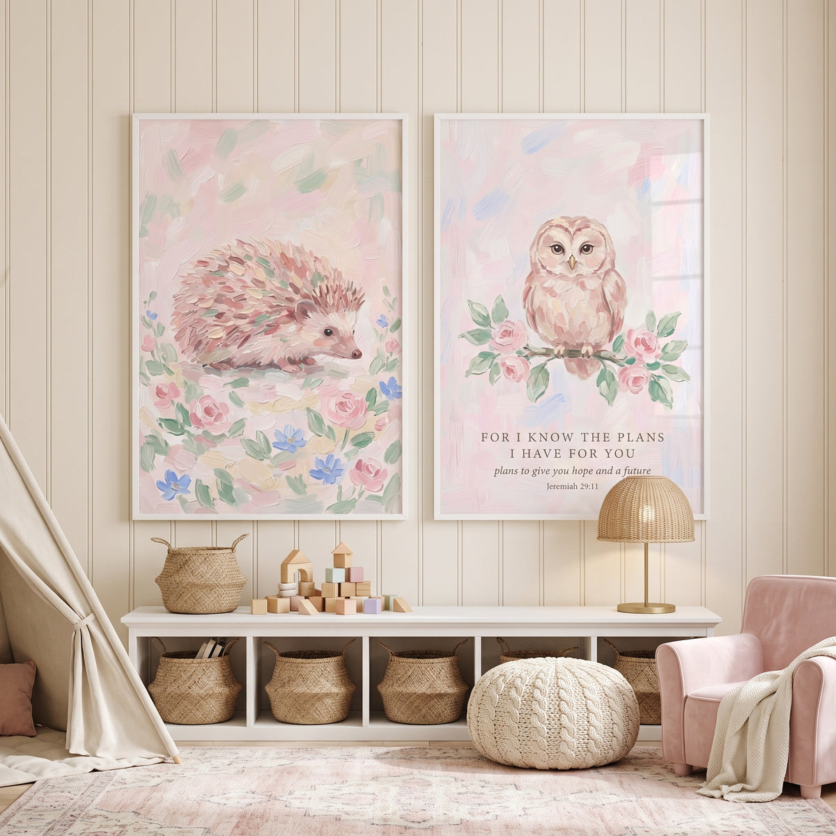 Ditsy Floral Woodland Animals Wall Art Set of 2 - Pastel Forest Grace