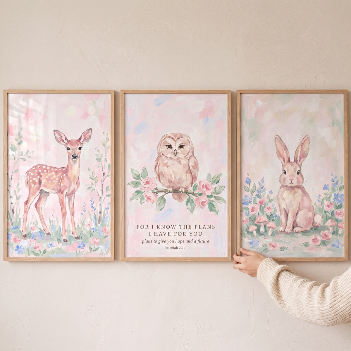 Ditsy rose meadow animals wall art set of 3 with a fawn, owl with Jeremiah 29:11 scripture, and rabbit in wooden frames.