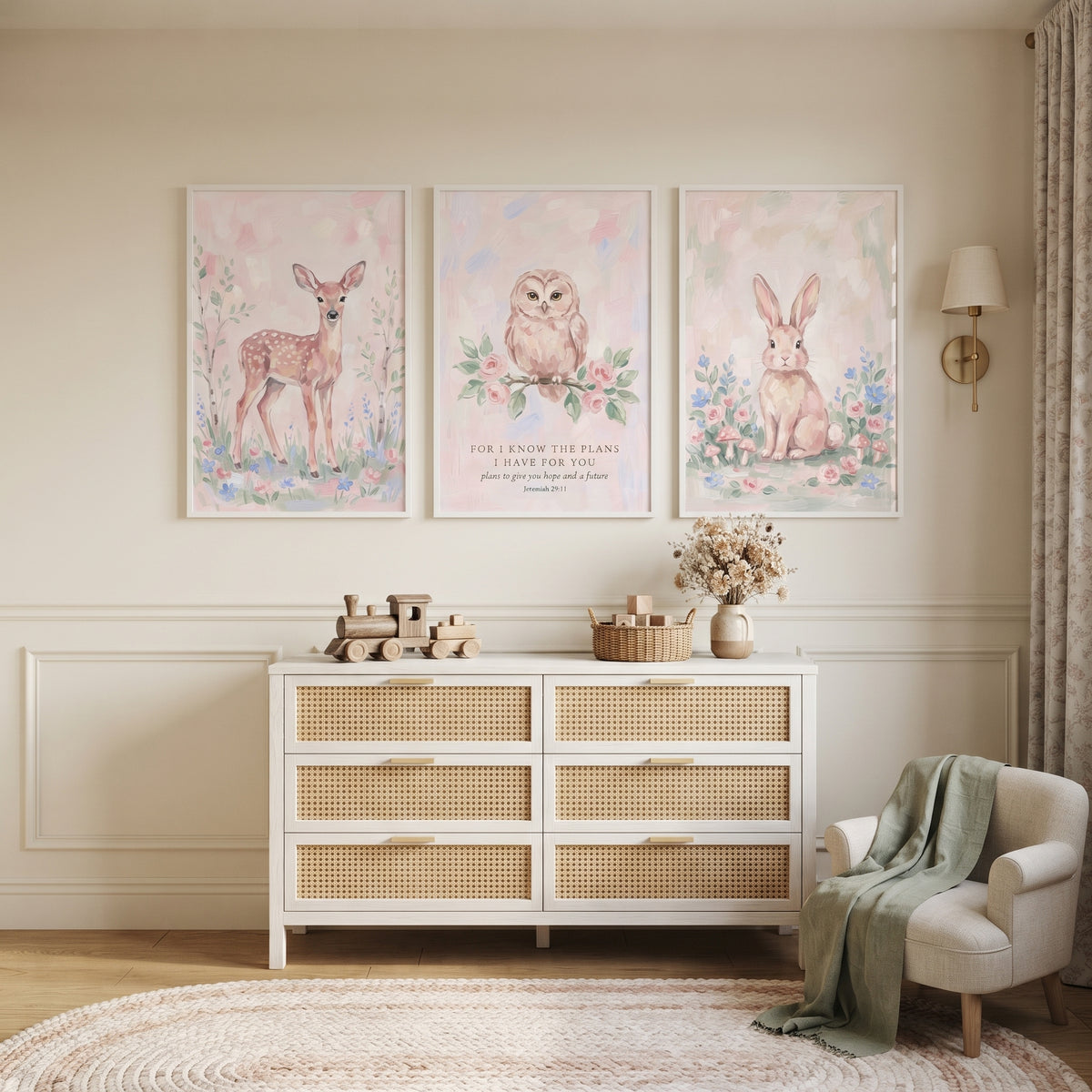 Ditsy Rose Meadow Animals Wall Art Set of 3 - Gentle Scripture Trio