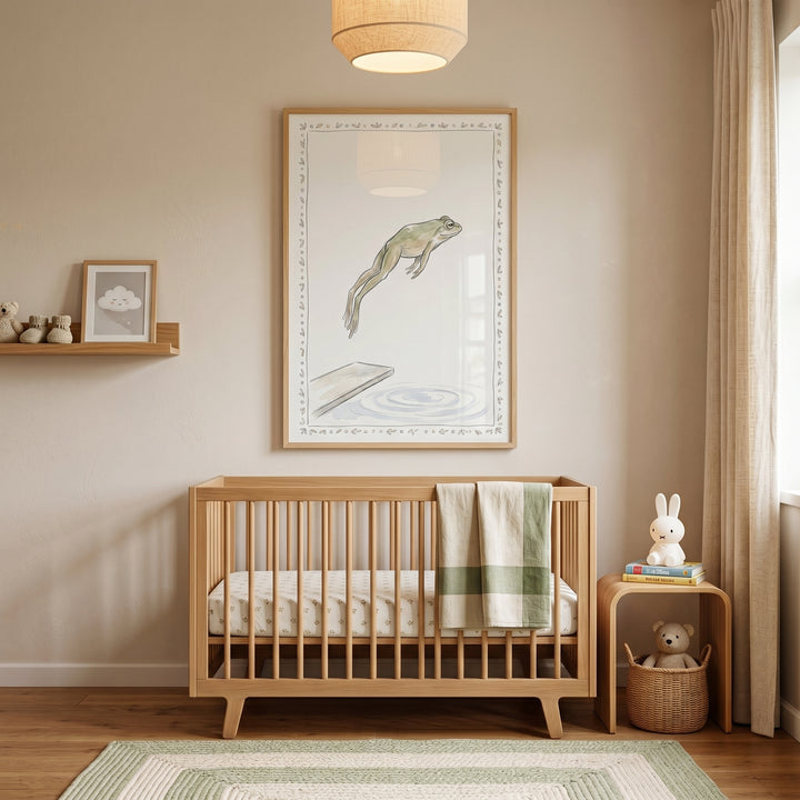 Diver green frog wall art hangs over a wood crib in a neutral nursery with a bunny lamp and a green striped rug.