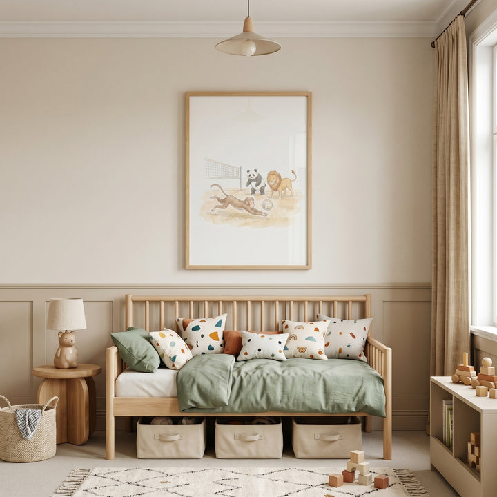 Diving volleyball animals wall art hangs above a wooden daybed with green bedding and storage bins in a neutral nursery.