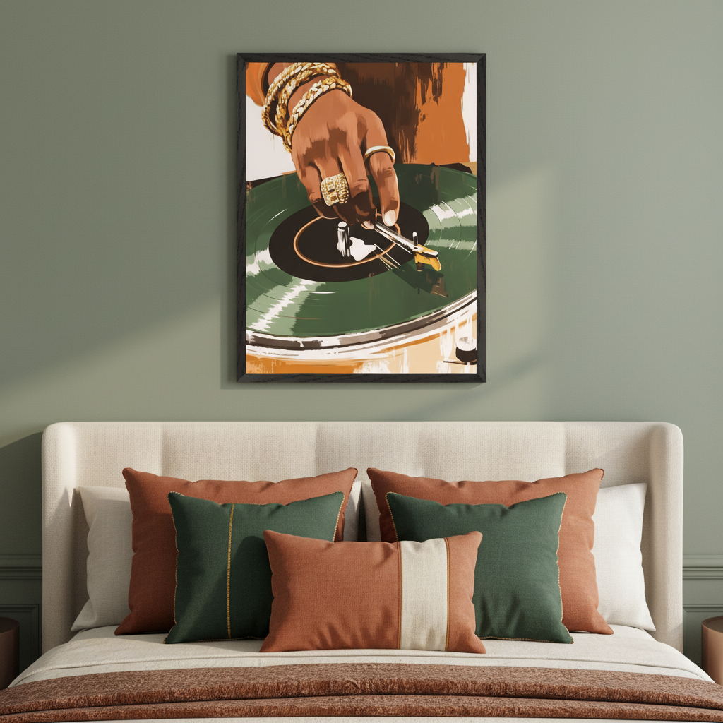 Modern bedroom with a cream upholstered bed. A framed illustration of a hand with gold bracelets and rings placing a needle on a green vinyl record on a turntable hangs centered above the bed.