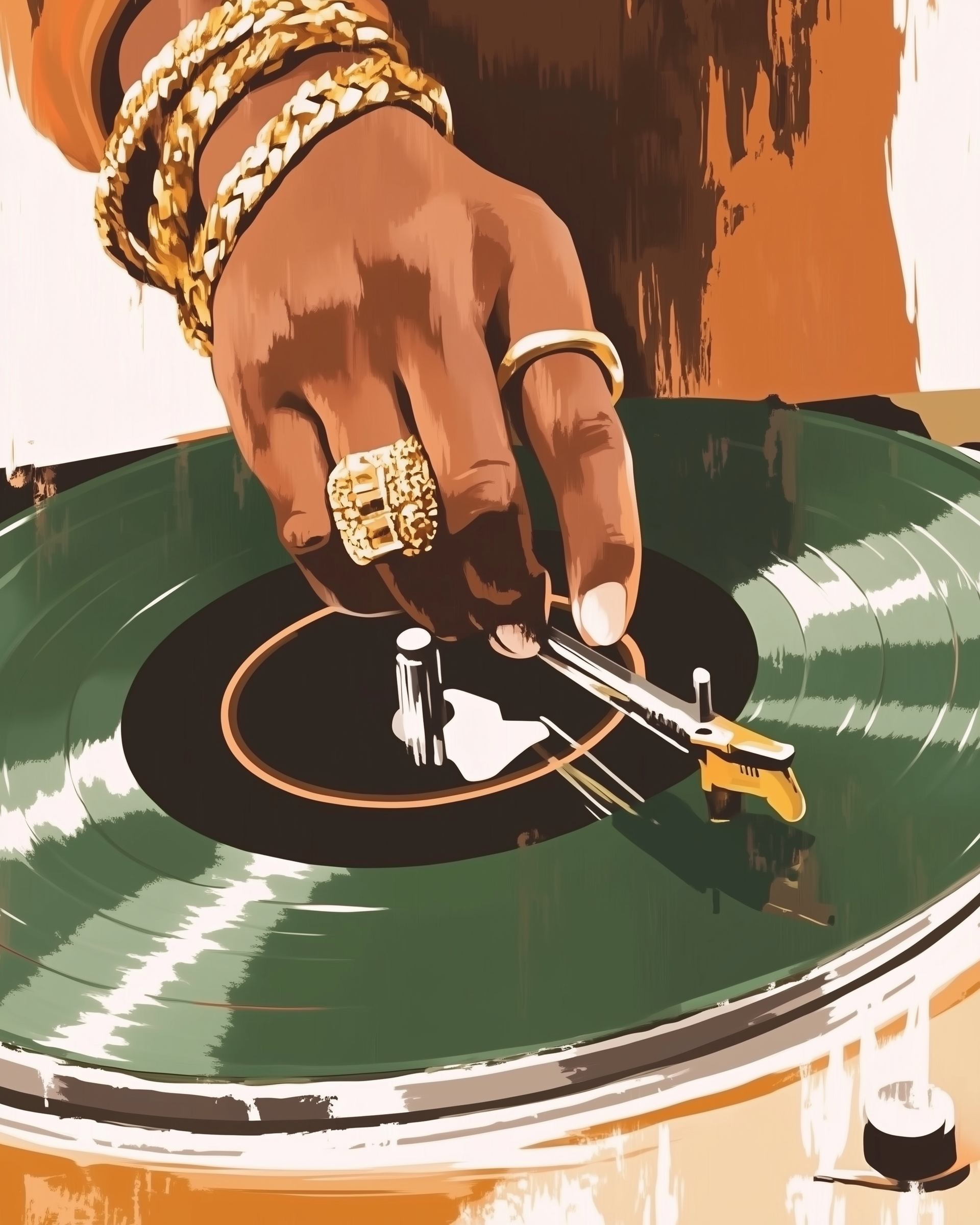 Close-up art of a hand adorned with chunky gold rings and bracelets adjusting the needle on a green vinyl record spinning on a turntable, capturing a retro hip-hop vibe.