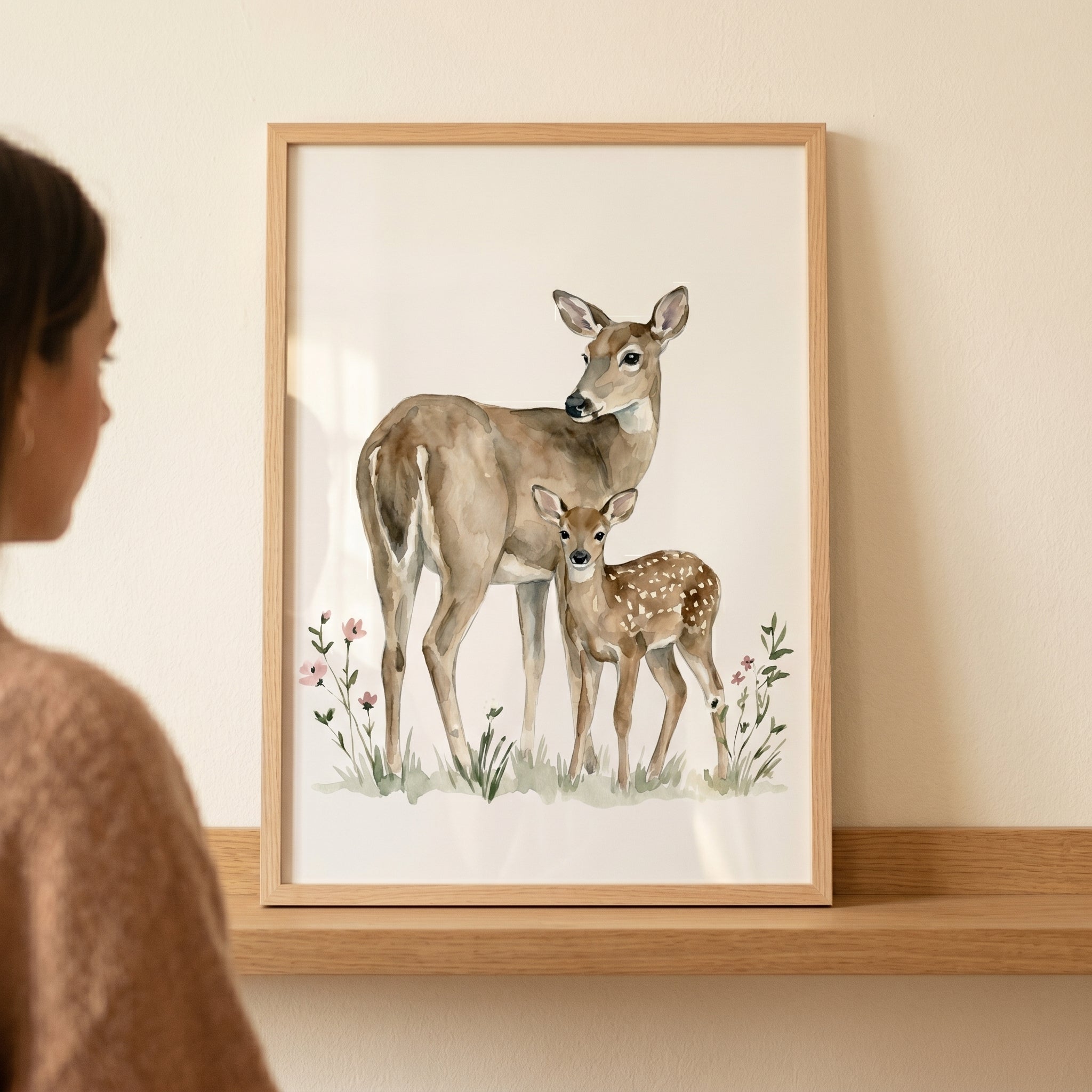 Doe And Fawn Wall Art - Woodland Mother Love