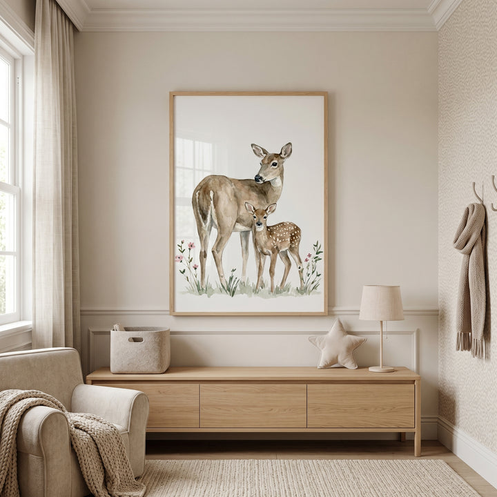 Doe and fawn wall art hangs above a wooden cabinet in a neutral room with a star pillow, lamp, and cozy armchair.