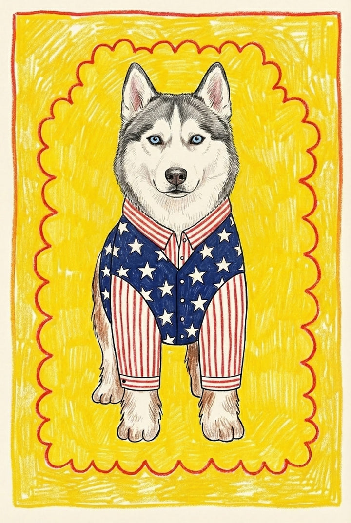 A hand-drawn illustration of a husky wearing a patriotic outfit styled like the American flag, with blue and white stars on the top and red-and-white stripes on the sleeves and pants. The dog stands confidently against a bright yellow background with a red scalloped border, giving the image a playful and bold Americana vibe.