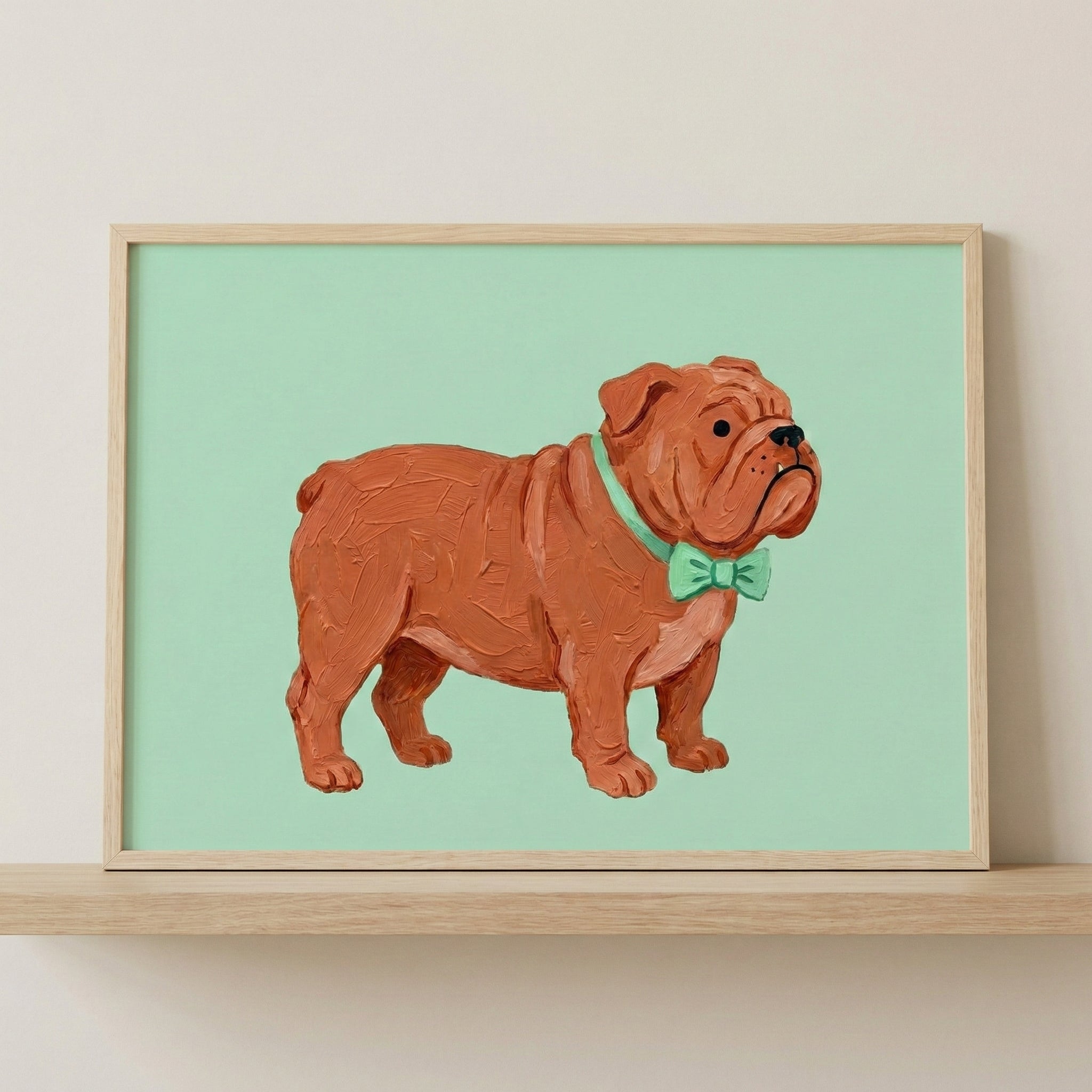 A sweet illustration of a stocky brown bulldog wearing a mint green bow tie, painted with textured brushstrokes against a pale green background. The dog's slightly grumpy expression adds charm and personality to the piece.