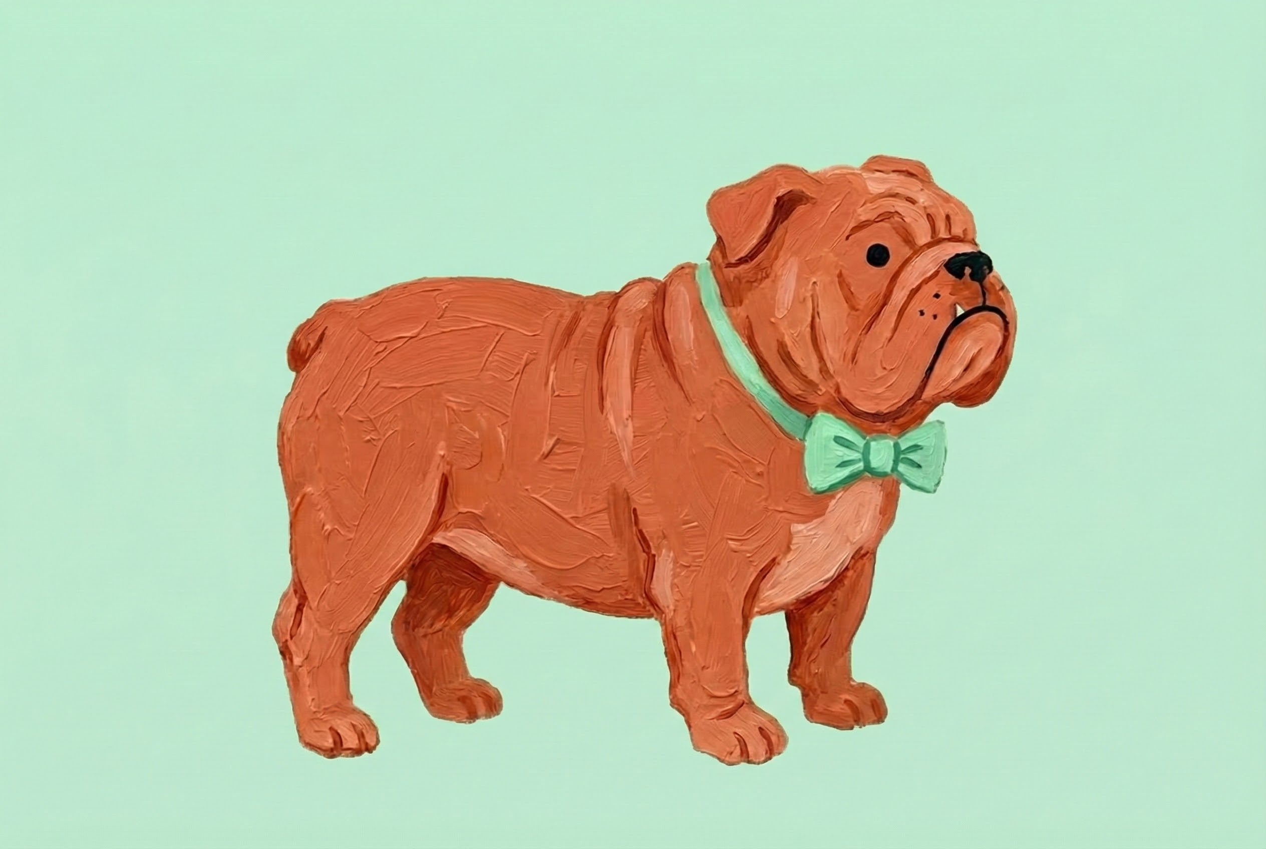 Oil painting of a stocky brown bulldog with a wrinkled face, wearing a mint green bow tie. The dog stands against a pale mint green background, giving the portrait a charming and dapper feel.