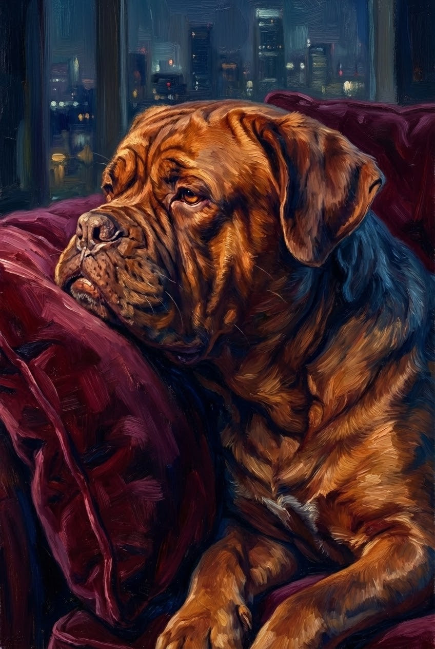 Oil painting of a large reddish-brown dog resting its head on a deep red velvet cushion, gazing thoughtfully out a window with a nighttime city skyline glowing in the background.