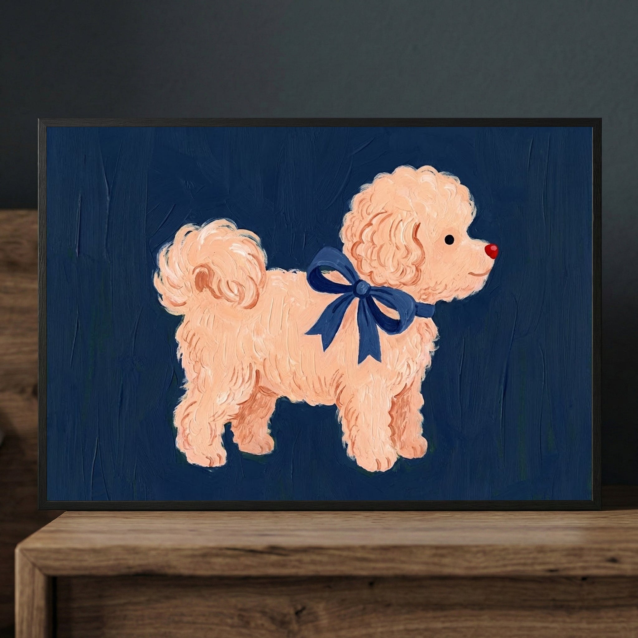 A charming illustration of a fluffy peach-colored dog with a red nose and a navy blue ribbon tied in a bow around its neck. The textured brushstrokes and dark blue background give the painting a bold yet cozy feel.