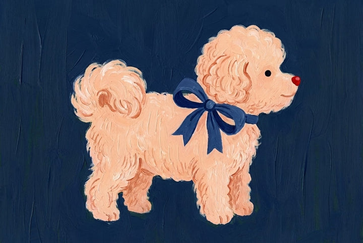 Oil painting of a fluffy cream-colored dog with curly fur, wearing a dark blue bow around its neck and a red nose. The dog stands against a deep navy background, giving the image a sweet and elegant appearance.