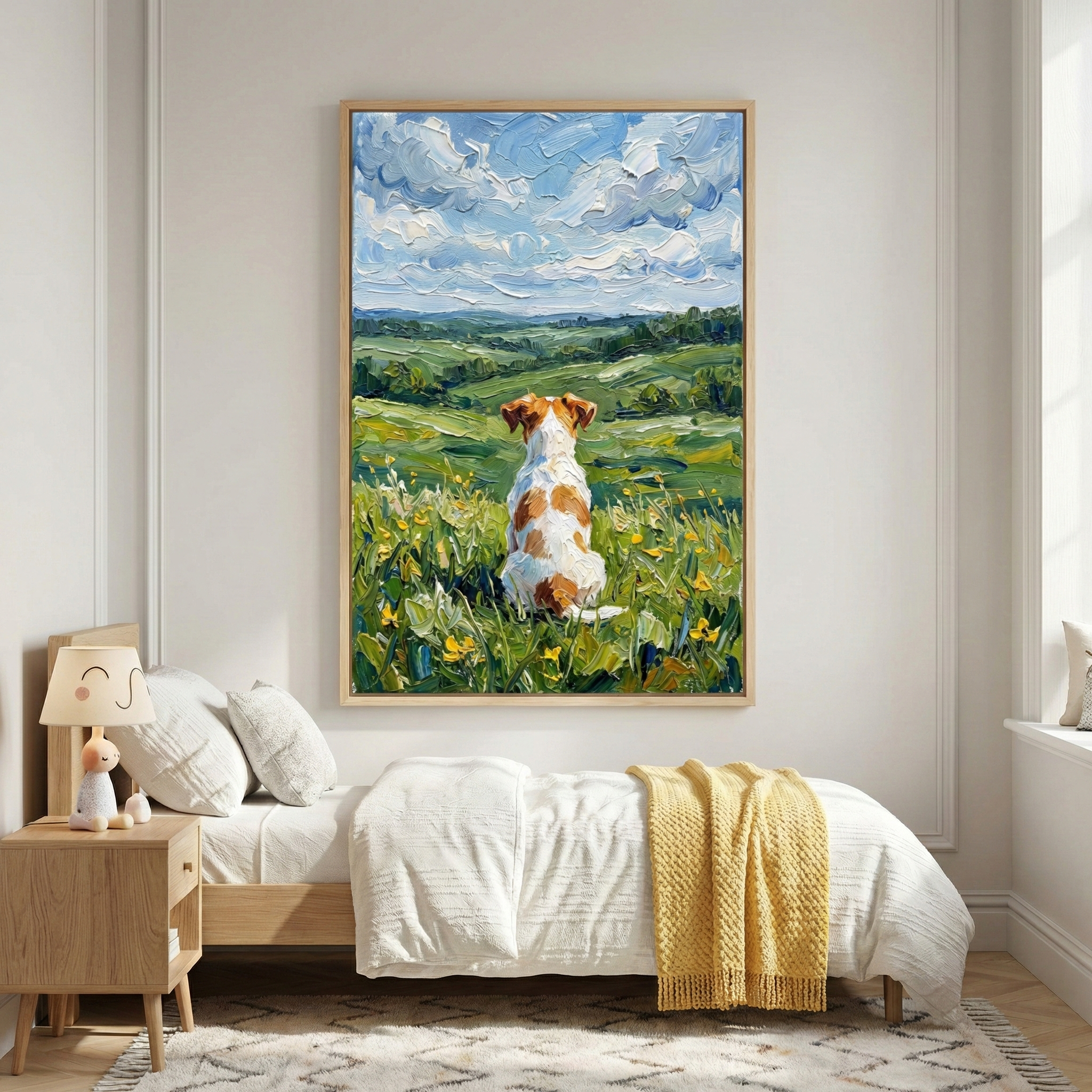 Framed impressionist style wall art of a small brown and white dog sitting in tall green grass dotted with yellow wildflowers, gazing out over rolling countryside hills beneath a wide blue sky filled with textured white clouds. The peaceful landscape scene hangs above a light wood bed with soft neutral bedding, adding a calm and airy touch to a cozy bedroom.