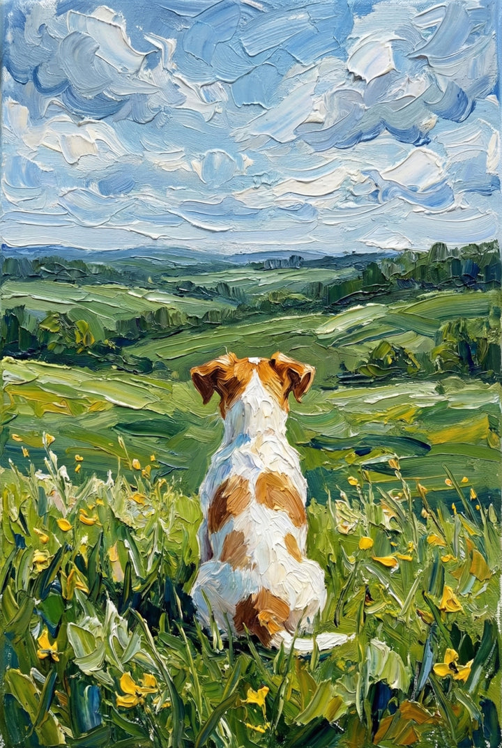 A textured artwork of a small dog with brown and white spots sitting in a field of yellow wildflowers and green grass. The dog is seen from behind, gazing out over a series of rolling green hills. Above the landscape, the blue sky is filled with thick, swirling white clouds. The entire scene is rendered with heavy, visible strokes of thick medium, giving it a rich, tactile appearance and a vibrant, impressionistic feel.