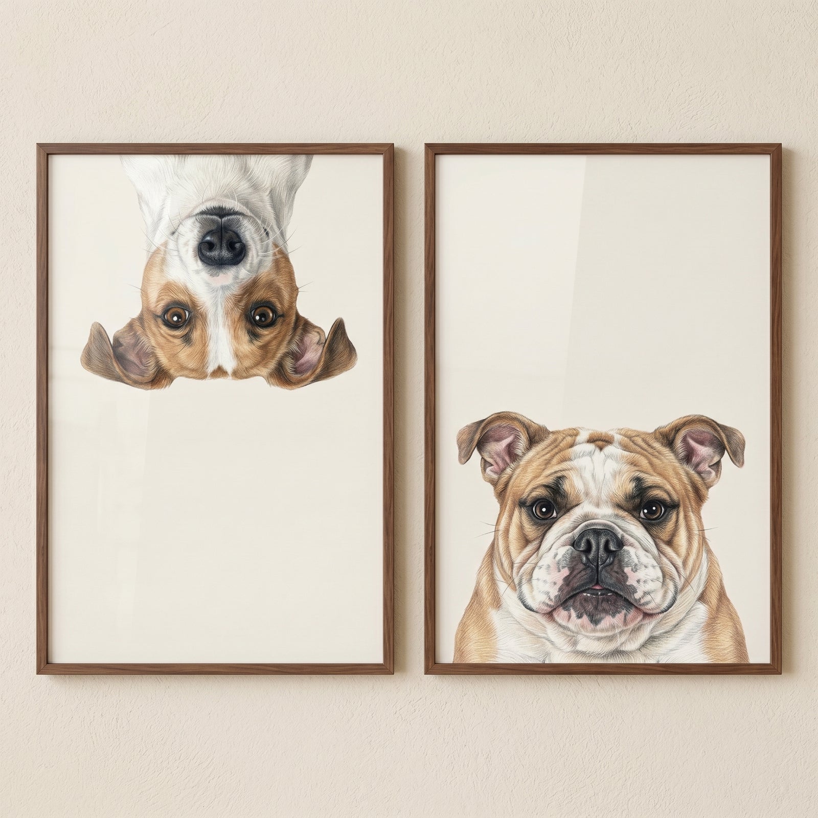 Framed dog artwork set of 2 featuring an upside down terrier and an upright bulldog on a neutral wall.
