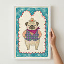 A whimsical, child-like illustration of a pug dressed as a cowboy, wearing a hat with a red star and a purple plaid vest, centered within a scalloped border on a textured teal background.