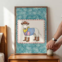 A whimsical, child-like illustration of a white bull terrier dressed as a cowboy, wearing a brown hat with a red star, a blue-and-white checkered vest, and four brown boots, centered within a scalloped red border on a textured teal background.