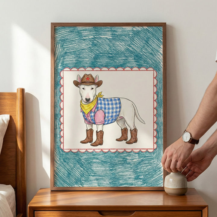 A whimsical, child-like illustration of a white bull terrier dressed as a cowboy, wearing a brown hat with a red star, a blue-and-white checkered vest, and four brown boots, centered within a scalloped red border on a textured teal background.