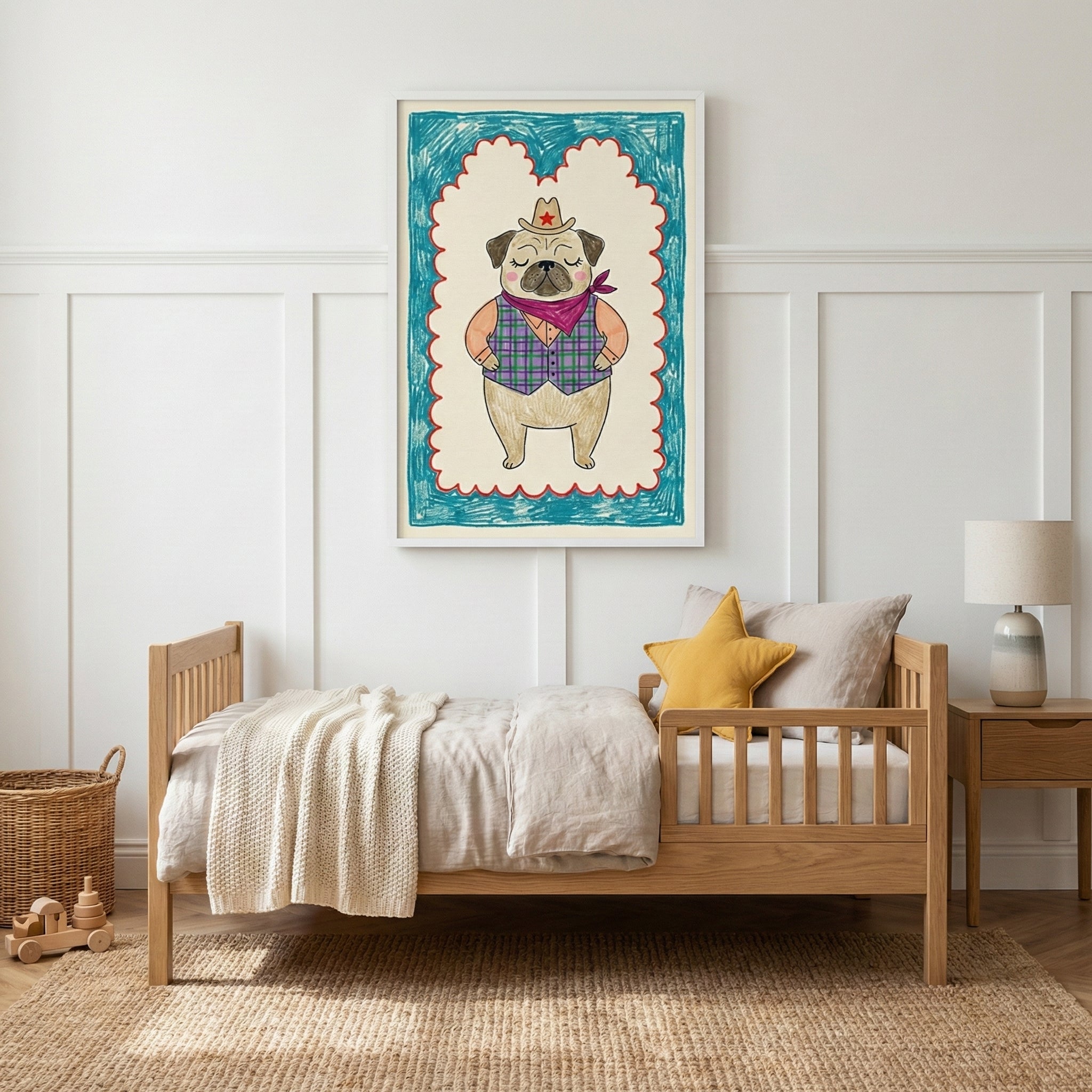 A minimalist child's bedroom features a wooden toddler bed and a large framed illustration of a pug dressed as a cowboy. The room is decorated in neutral tones with a jute rug, a star-shaped pillow, and simple wooden toys.
