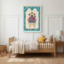 A minimalist child's bedroom features a wooden toddler bed and a large framed illustration of a pug dressed as a cowboy. The room is decorated in neutral tones with a jute rug, a star-shaped pillow, and simple wooden toys.