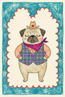 A whimsical, child-like illustration of a pug dressed as a cowboy, wearing a hat with a red star and a purple plaid vest, centered within a scalloped border on a textured teal background.