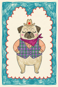 A whimsical, child-like illustration of a pug dressed as a cowboy, wearing a hat with a red star and a purple plaid vest, centered within a scalloped border on a textured teal background.