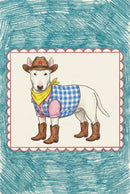 Playful illustration of a white dog dressed as a cowboy, wearing a brown hat with a red star, a yellow bandana, a pink shirt with a blue checkered vest, and four tiny cowboy boots. The drawing is framed by a red scalloped border with a teal crayon-textured background, adding to the cheerful, Western-inspired charm.
