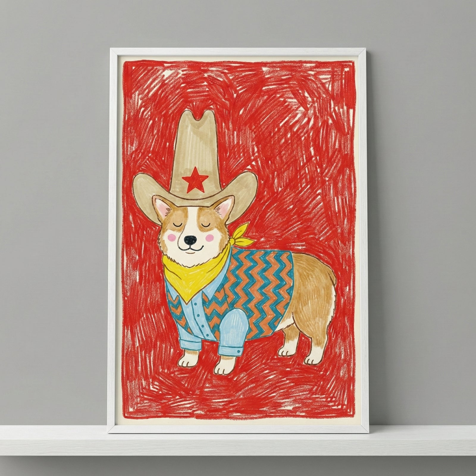 A whimsical, child-like illustration of a corgi dressed as a cowboy, wearing a tall hat with a red star and a blue-and-orange chevron-patterned vest, centered against a heavily textured red background.