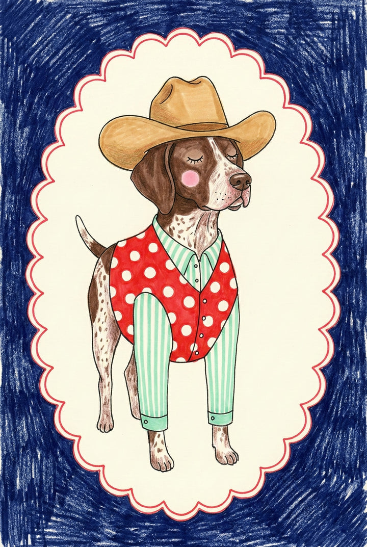 Playful illustration of a brown and white dog dressed in a red polka-dot vest, green-striped shirt, and tan cowboy hat. The dog stands proudly with eyes closed and blushing cheeks, framed by a scalloped border and deep blue background for a whimsical western vibe.