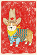 Adorable illustration of a smiling corgi wearing a tall cowboy hat with a red star, a yellow bandana, and a colorful zigzag-patterned vest over a blue shirt. The background is filled with bright red crayon texture, giving the portrait a cheerful and playful Western vibe.