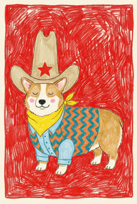 Adorable illustration of a smiling corgi wearing a tall cowboy hat with a red star, a yellow bandana, and a colorful zigzag-patterned vest over a blue shirt. The background is filled with bright red crayon texture, giving the portrait a cheerful and playful Western vibe.
