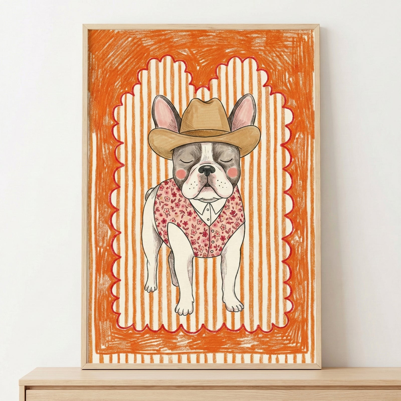 A whimsical, child-like illustration of a French Bulldog dressed as a cowboy, wearing a wide-brimmed brown hat and a pink floral-patterned vest, centered within a scalloped red border on a vibrant orange textured background.