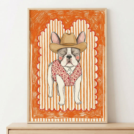 A whimsical, child-like illustration of a French Bulldog dressed as a cowboy, wearing a wide-brimmed brown hat and a pink floral-patterned vest, centered within a scalloped red border on a vibrant orange textured background.