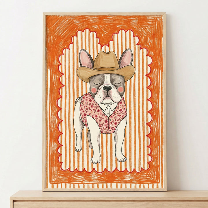 A whimsical, child-like illustration of a French Bulldog dressed as a cowboy, wearing a wide-brimmed brown hat and a pink floral-patterned vest, centered within a scalloped red border on a vibrant orange textured background.