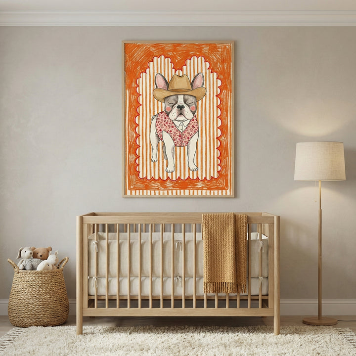 A framed illustration of a French Bulldog wearing a cowboy hat and floral vest hangs above a light wood crib in a neutral-toned nursery. The room features a soft shag rug, a tall floor lamp, and a woven basket filled with plush toys.